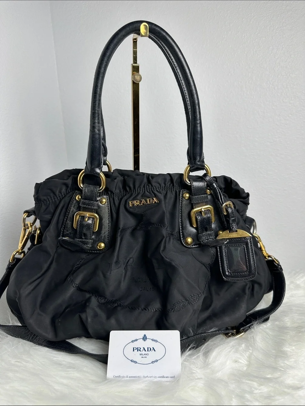 💯Authentic Prada Tessuto Nylon Gathered Satchel Shoulder Bag Black🍀